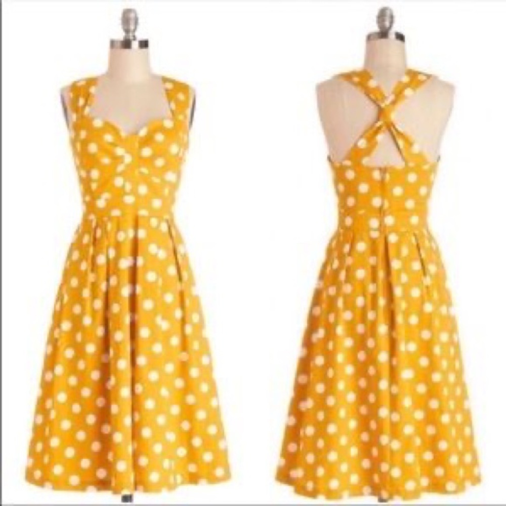 4x Modcloth yellow with white polka dot x-back dress